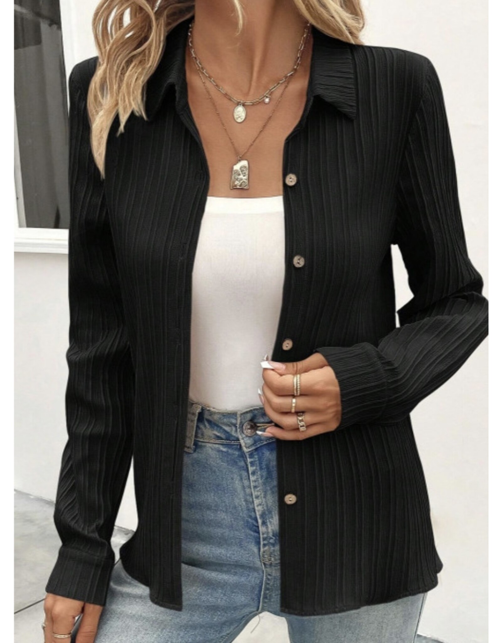 LATA Black textured long slv button shirt