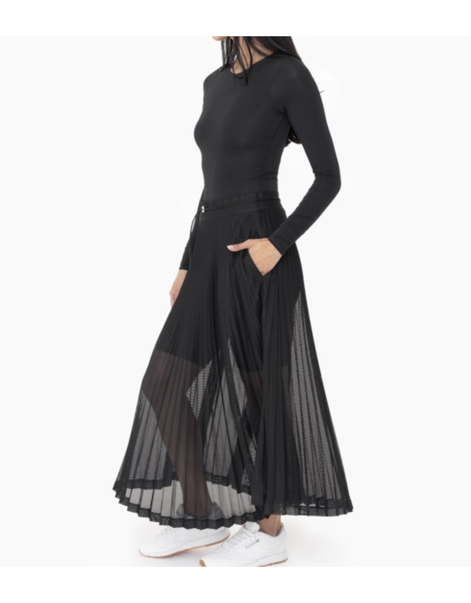 mono b Pleated Mesh Midi Skirt