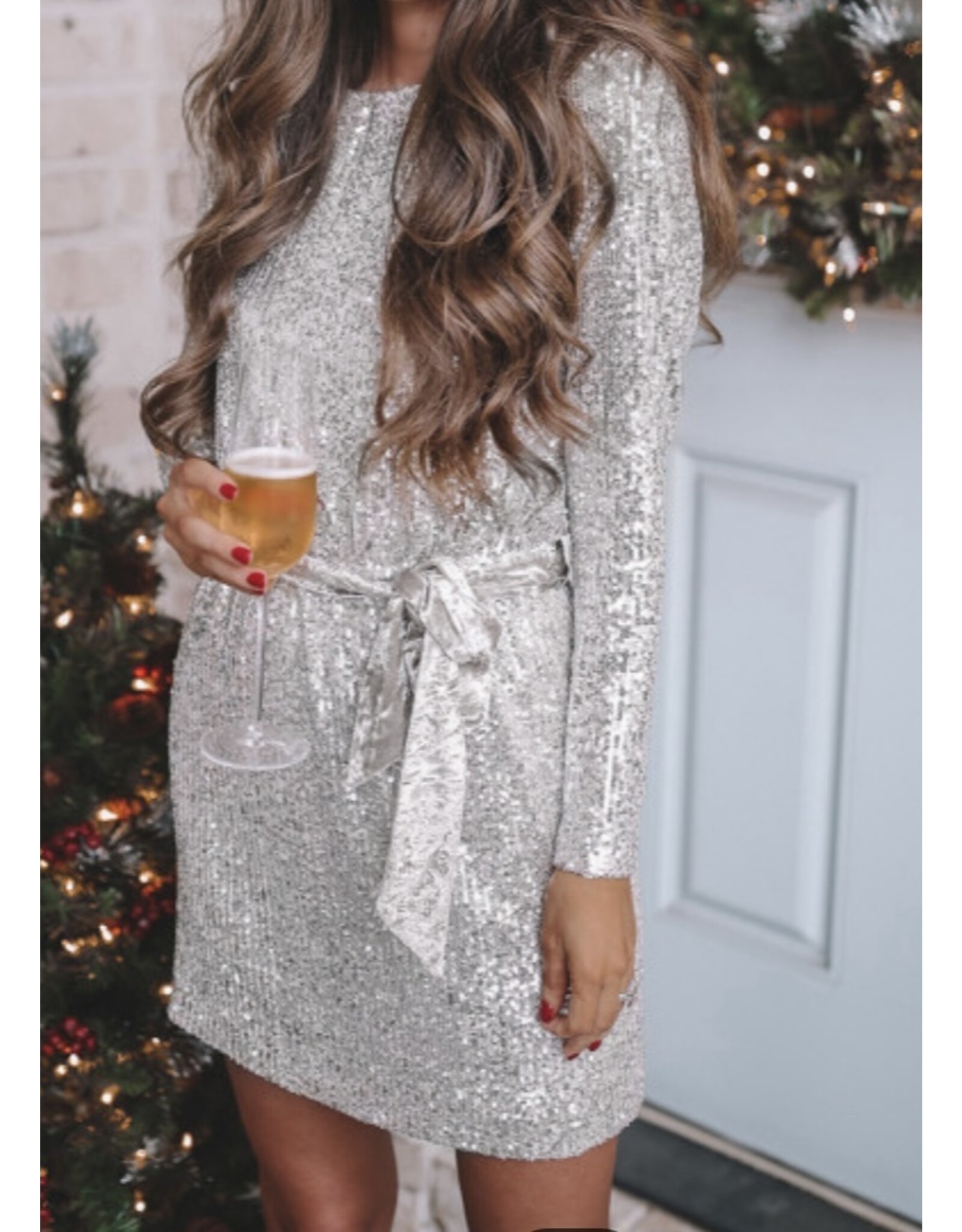 LATA Silvery Long Slv Tie Waist Dress