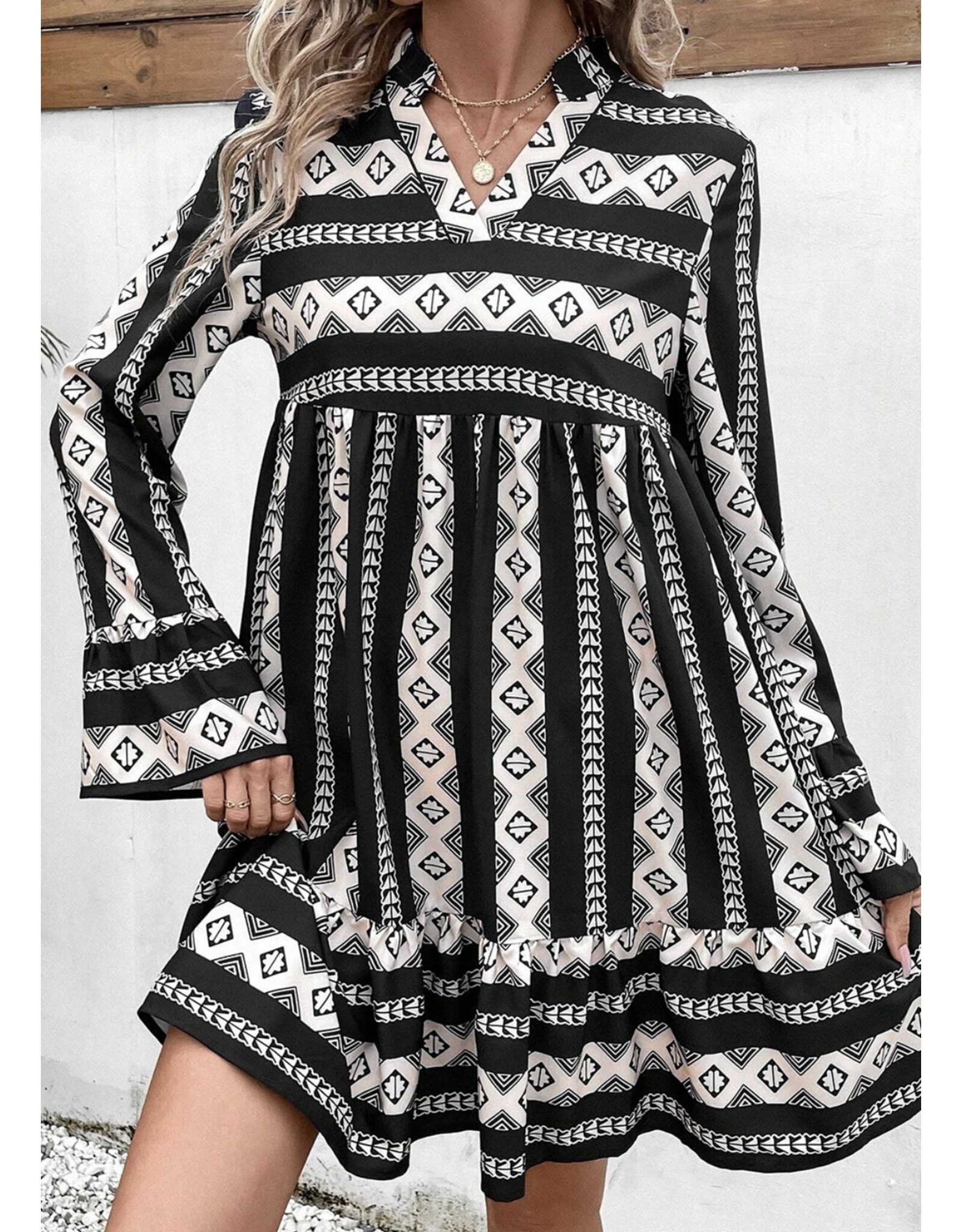LATA Boho Geometric Flared Dress