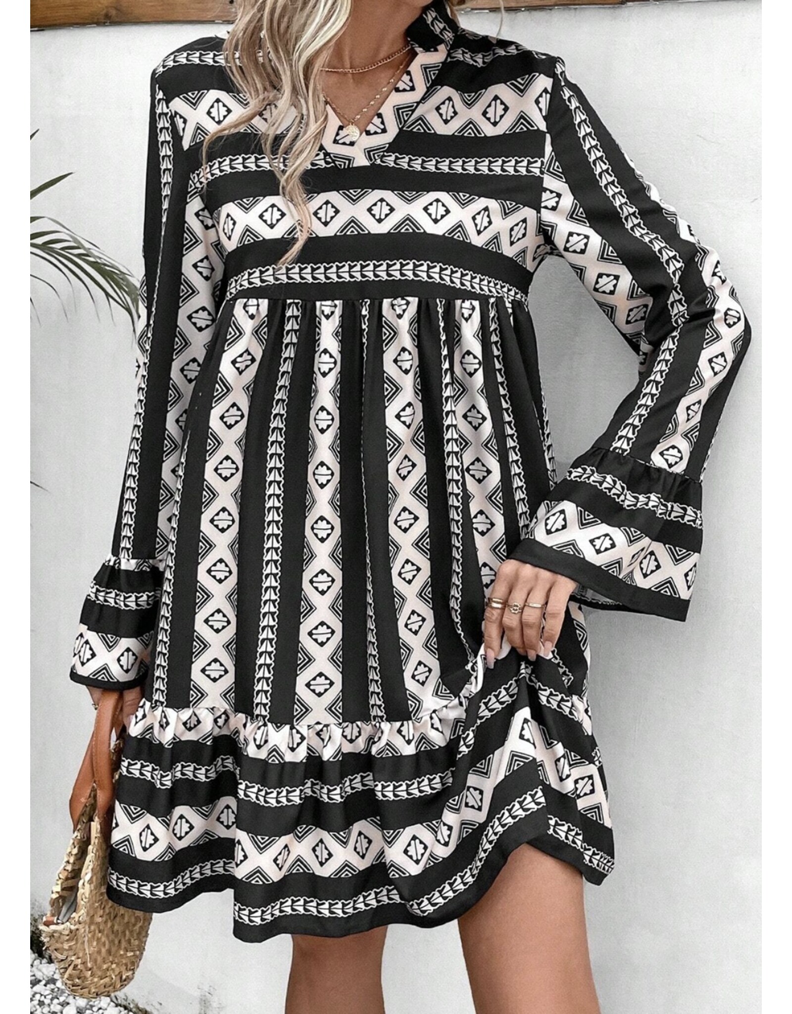 LATA Boho Geometric Flared Dress