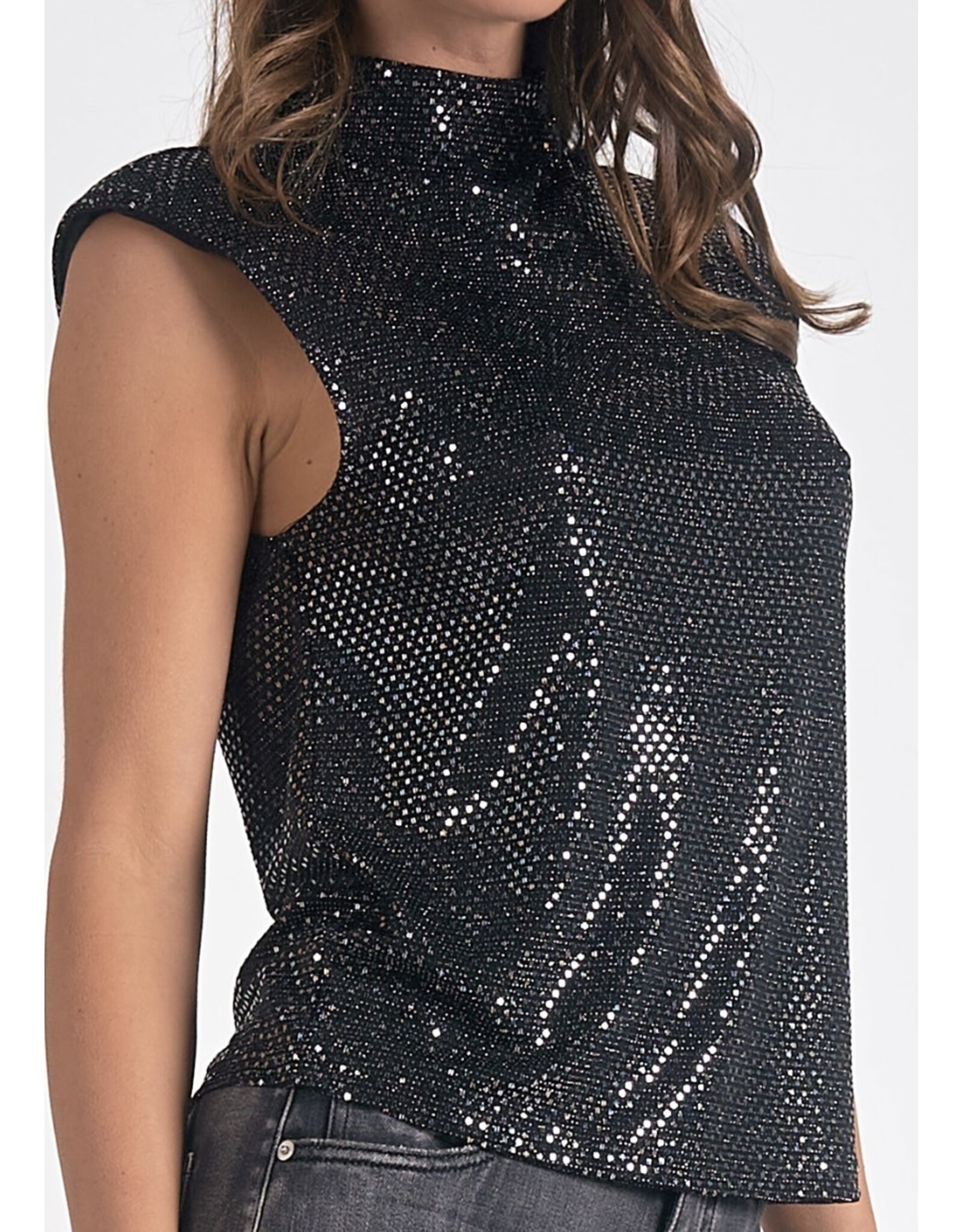 Elan elan Black mock neck cap slv top