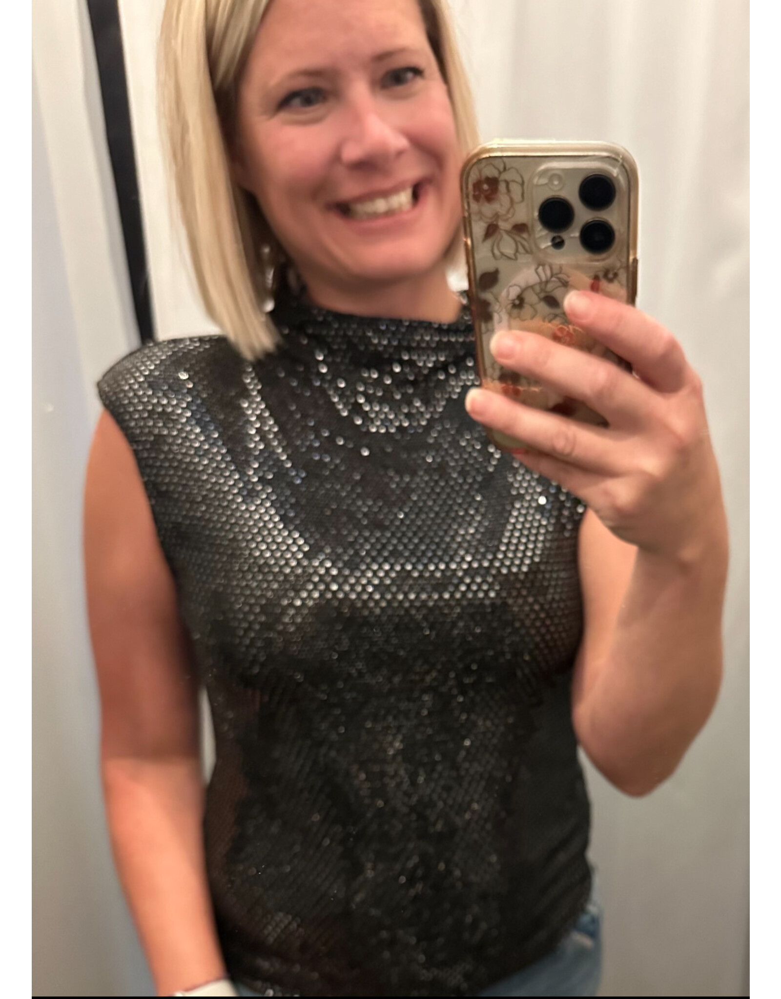 Elan elan Black mock neck cap slv top