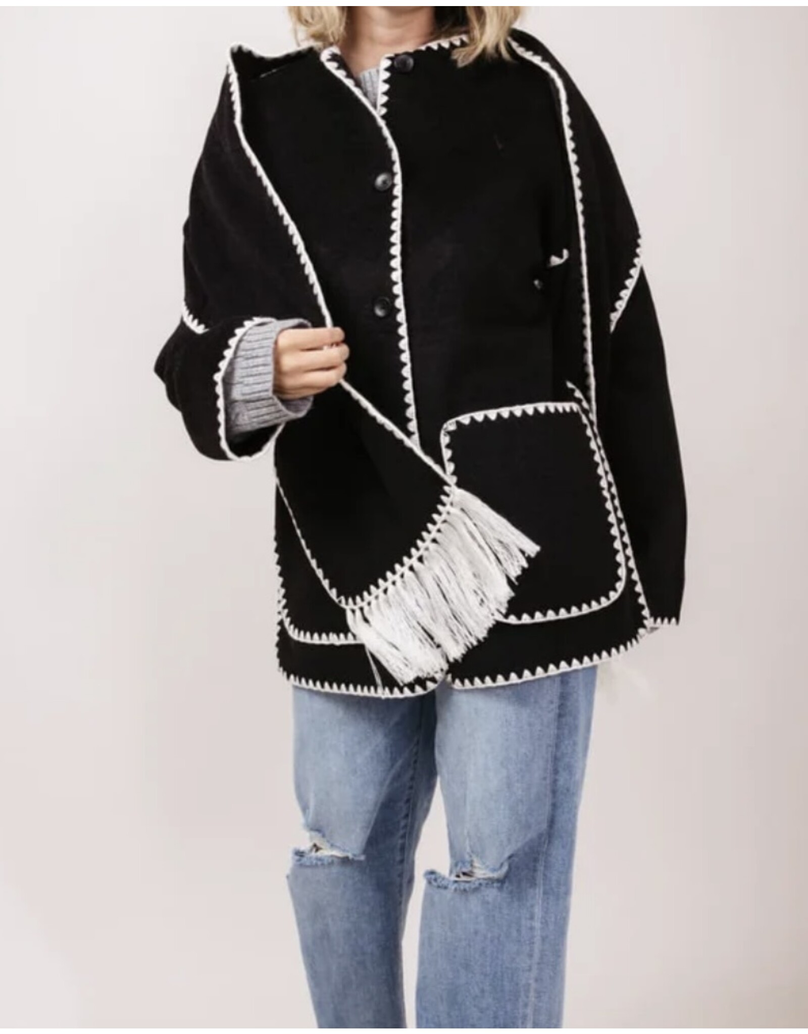 Elan Blanket Stitch Jacket w/ Detachable Scarf