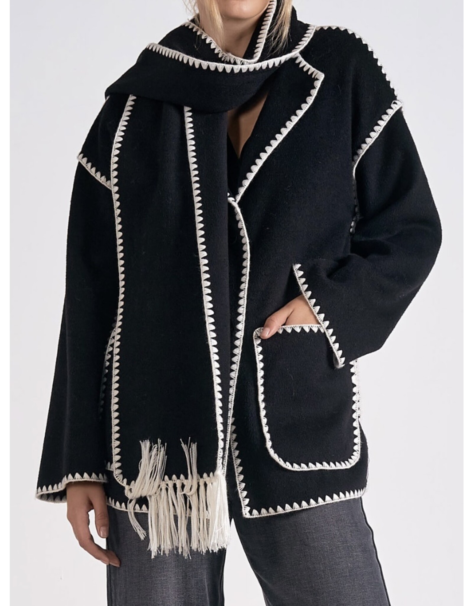 Elan Blanket Stitch Jacket w/ Detachable Scarf