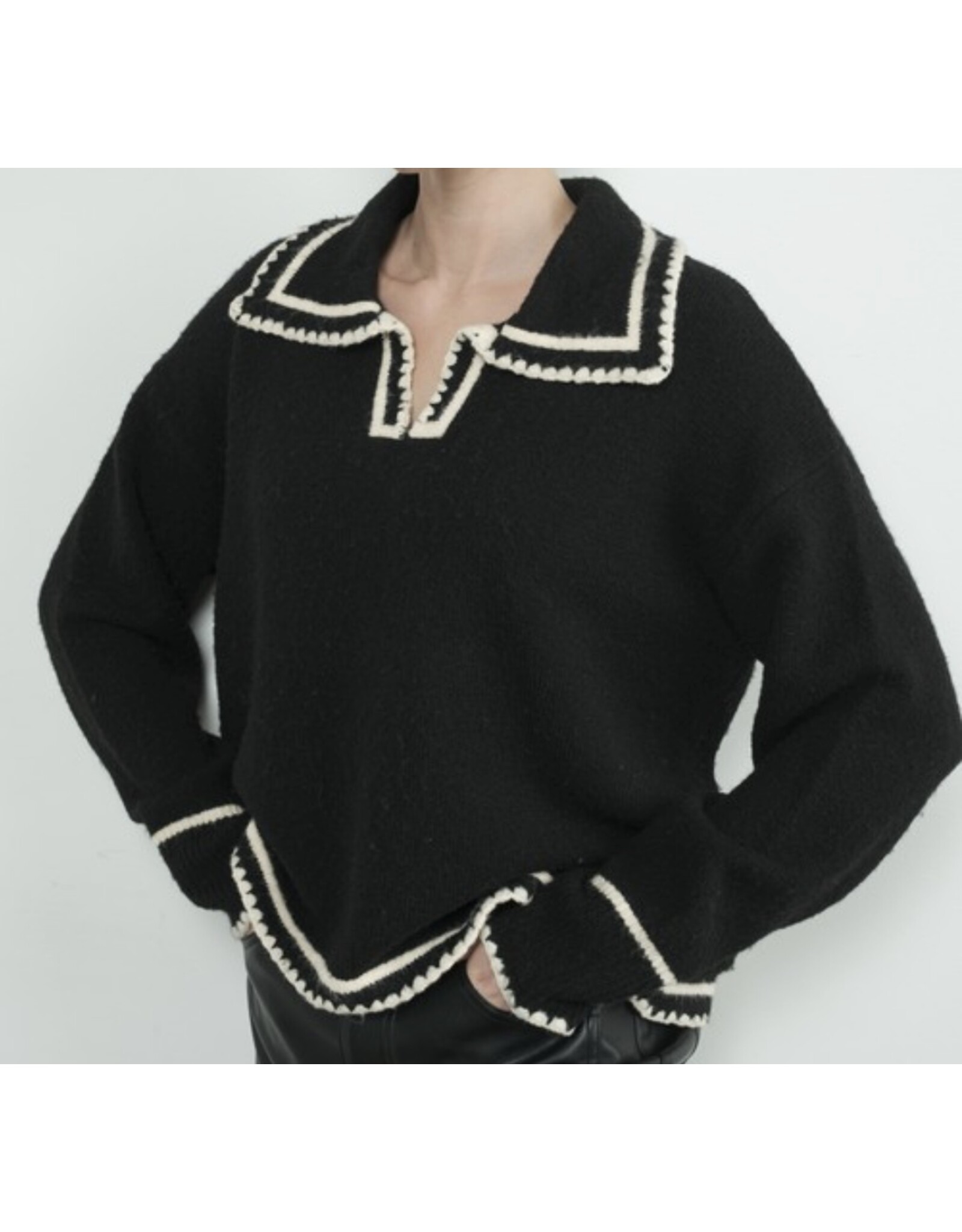 Black w/ white contrast stitch collar sweater