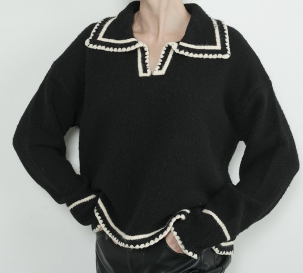 White and Black Contrast Knit Sweater