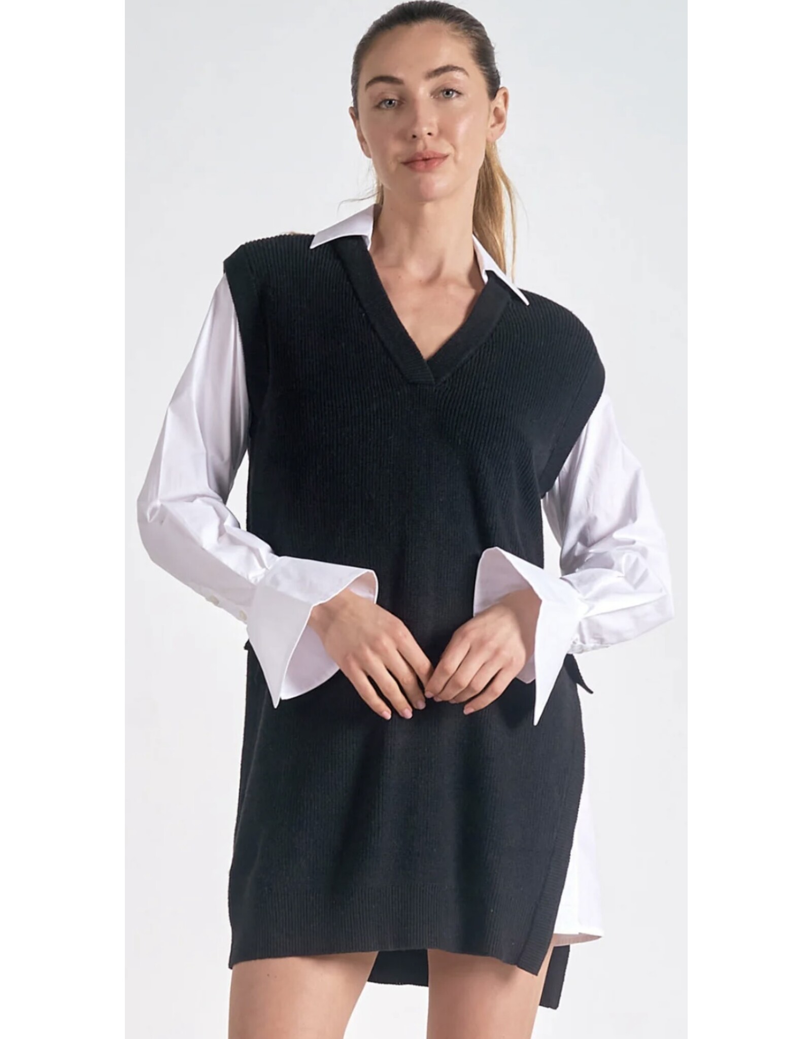 Elan Elan V neck black sweater layered dress