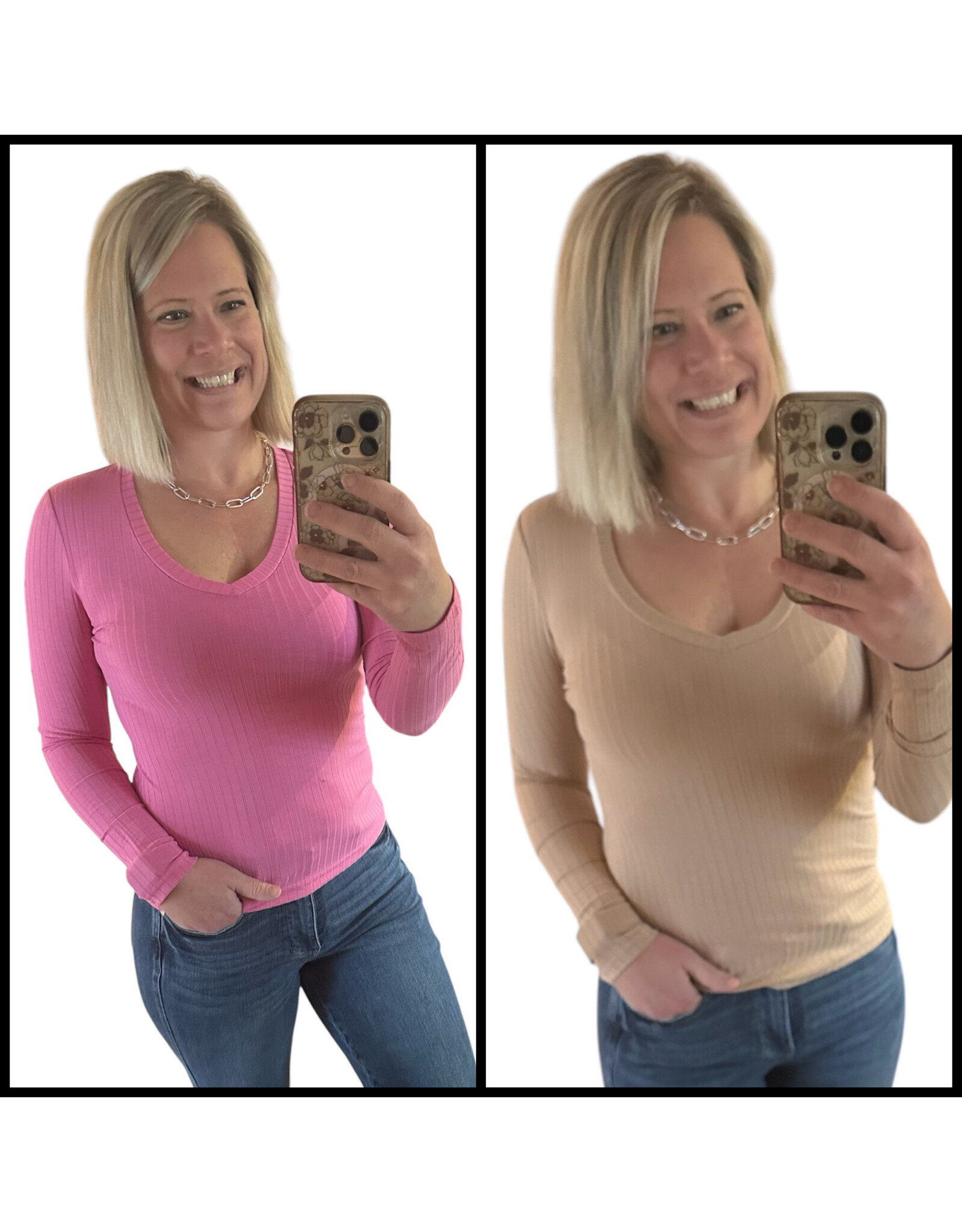 LATA Ribbed Knit V Neck Long Sleeve Slim Fit Top