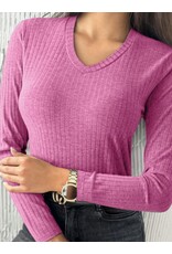 LATA Ribbed Knit V Neck Long Sleeve Slim Fit Top