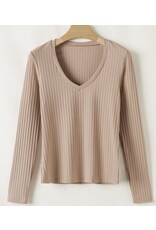 LATA Ribbed Knit V Neck Long Sleeve Slim Fit Top