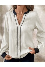 LATA White Textured Colorblock V Neck Elegant Blouse