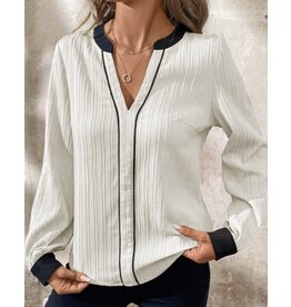 LATA White Textured Colorblock V Neck Elegant Blouse