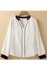 LATA White Textured Colorblock V Neck Elegant Blouse
