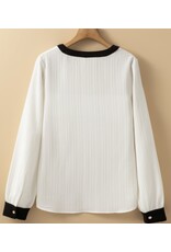 LATA White Textured Colorblock V Neck Elegant Blouse