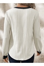 LATA White Textured Colorblock V Neck Elegant Blouse