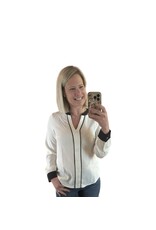 LATA White Textured Colorblock V Neck Elegant Blouse