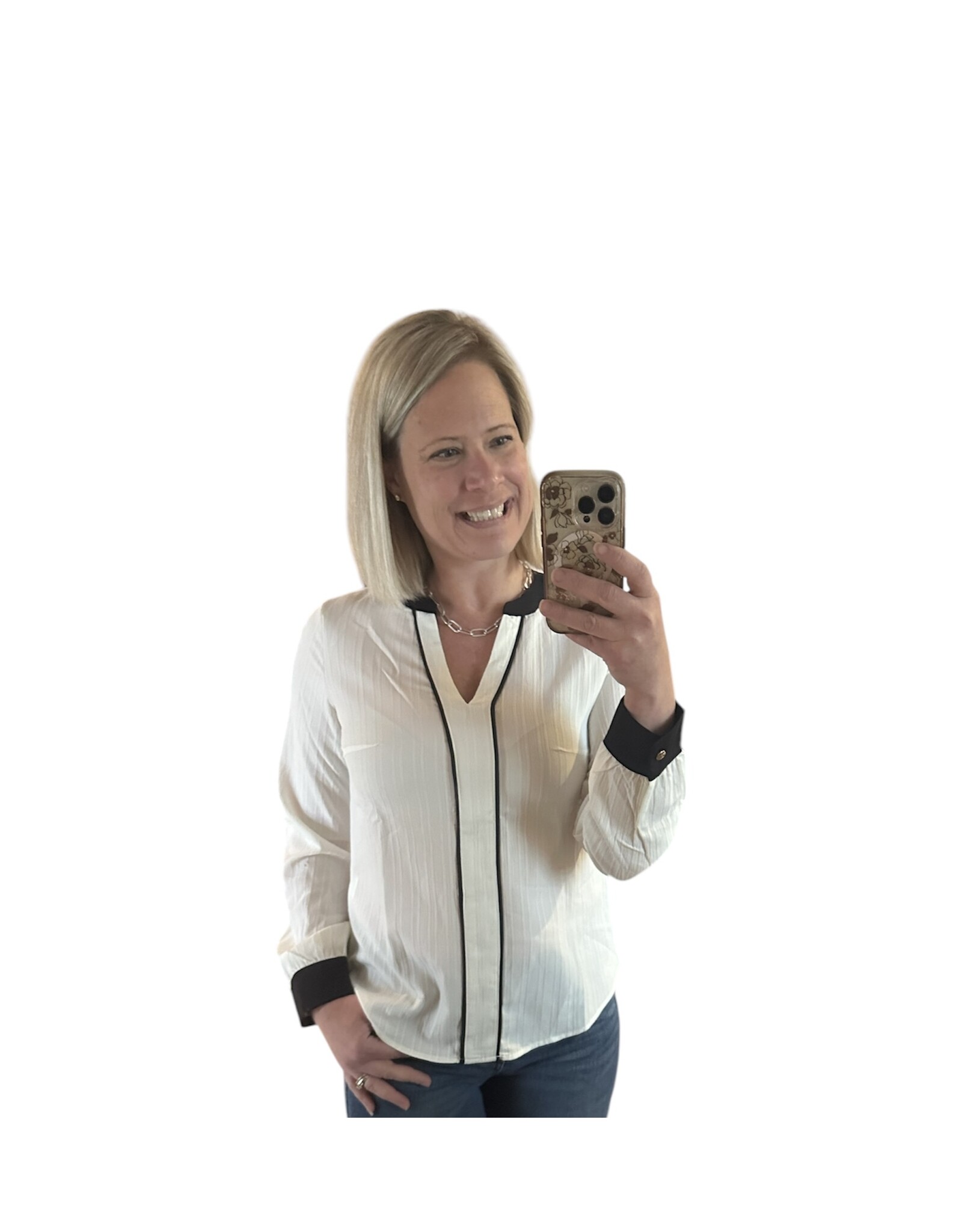LATA White Textured Colorblock V Neck Elegant Blouse