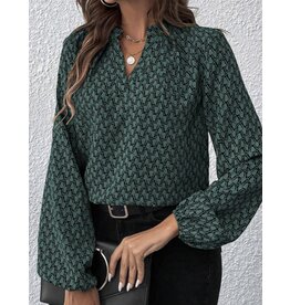 LATA Green Geometric Print Notched Neck Puff Sleeve Blouse