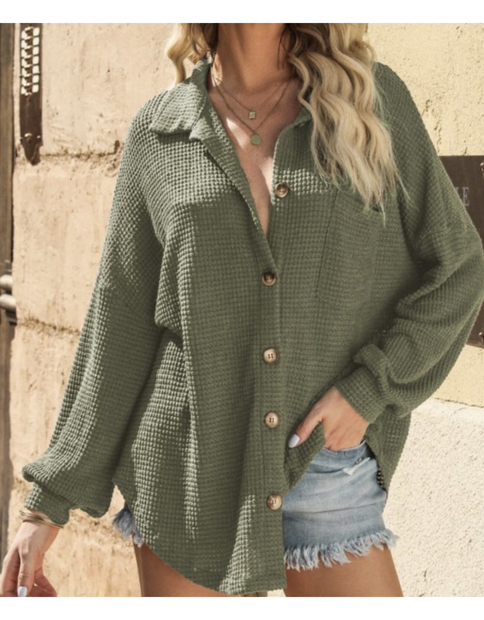 LATA Waffle knit button down top