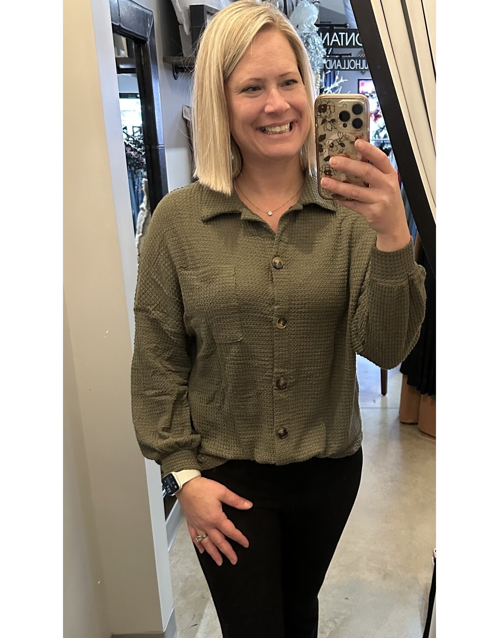 LATA Waffle knit button down top