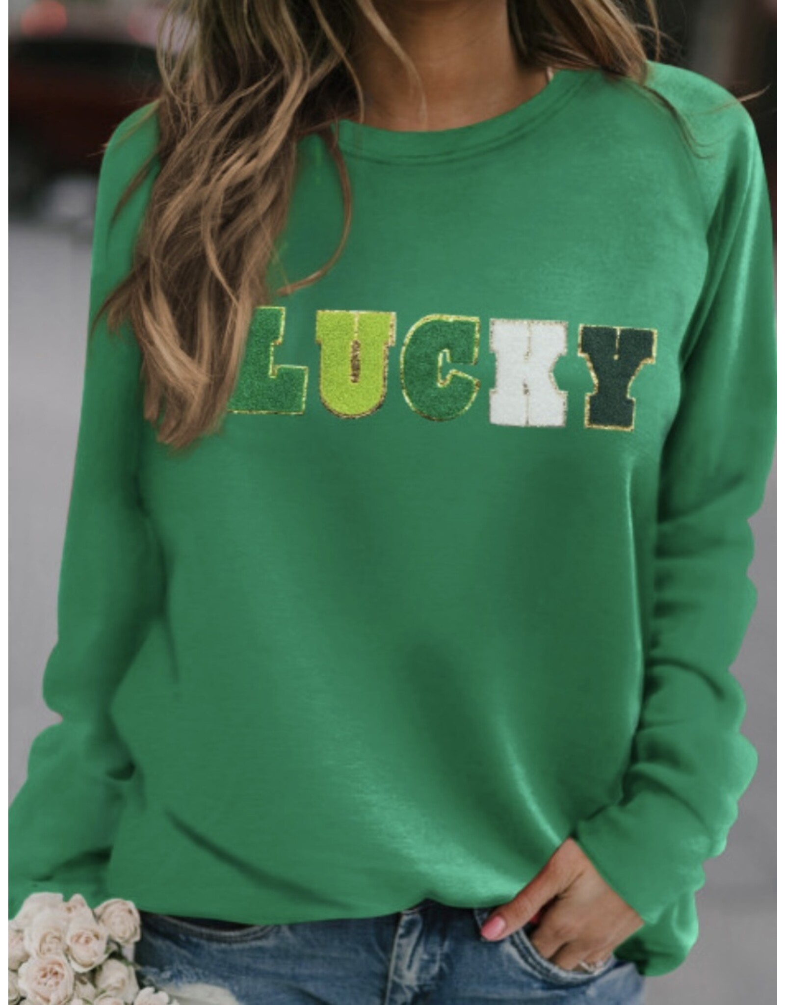 LATA LUCKY Chenille Embroidered Sweatshirt