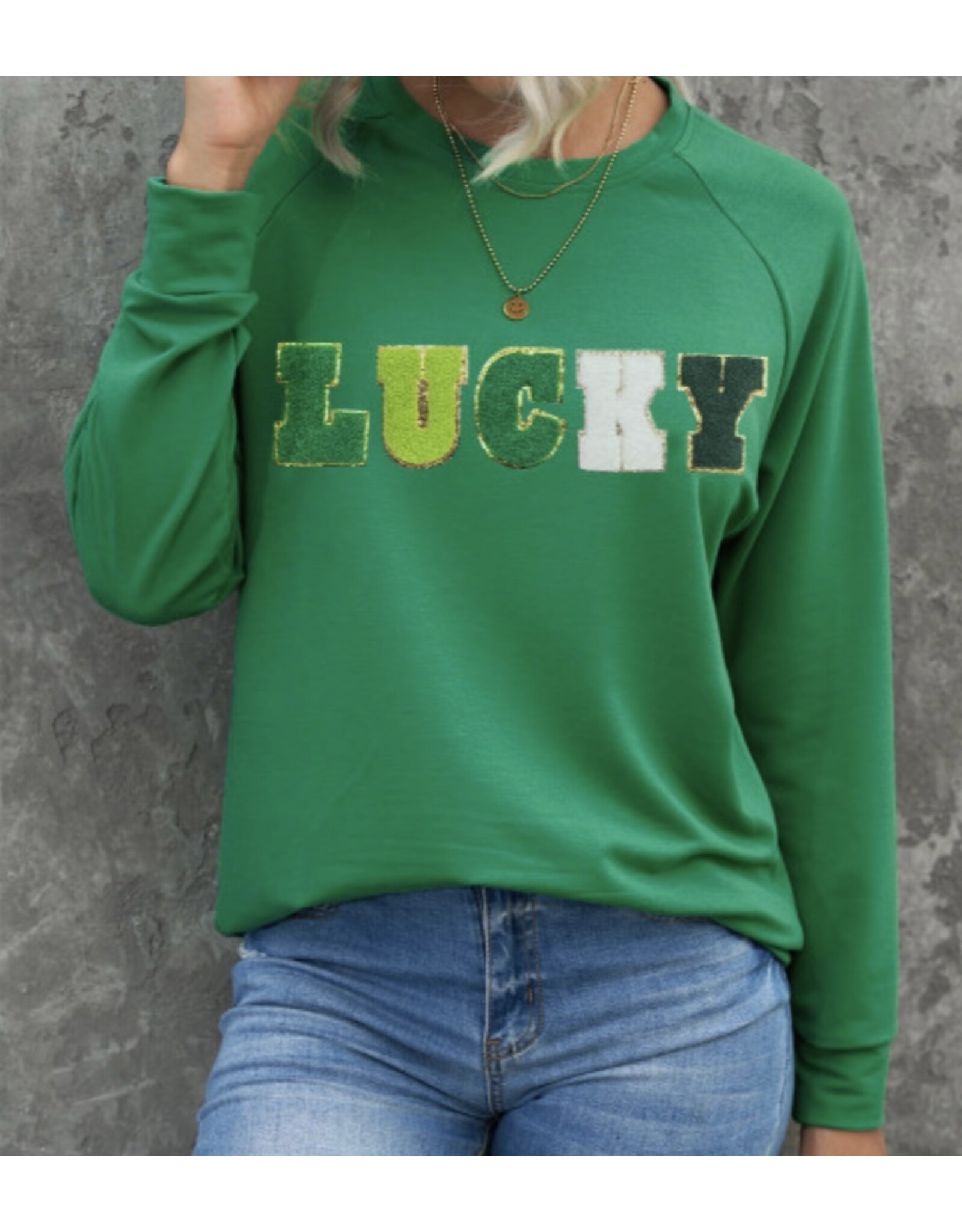 LATA LUCKY Chenille Embroidered Sweatshirt