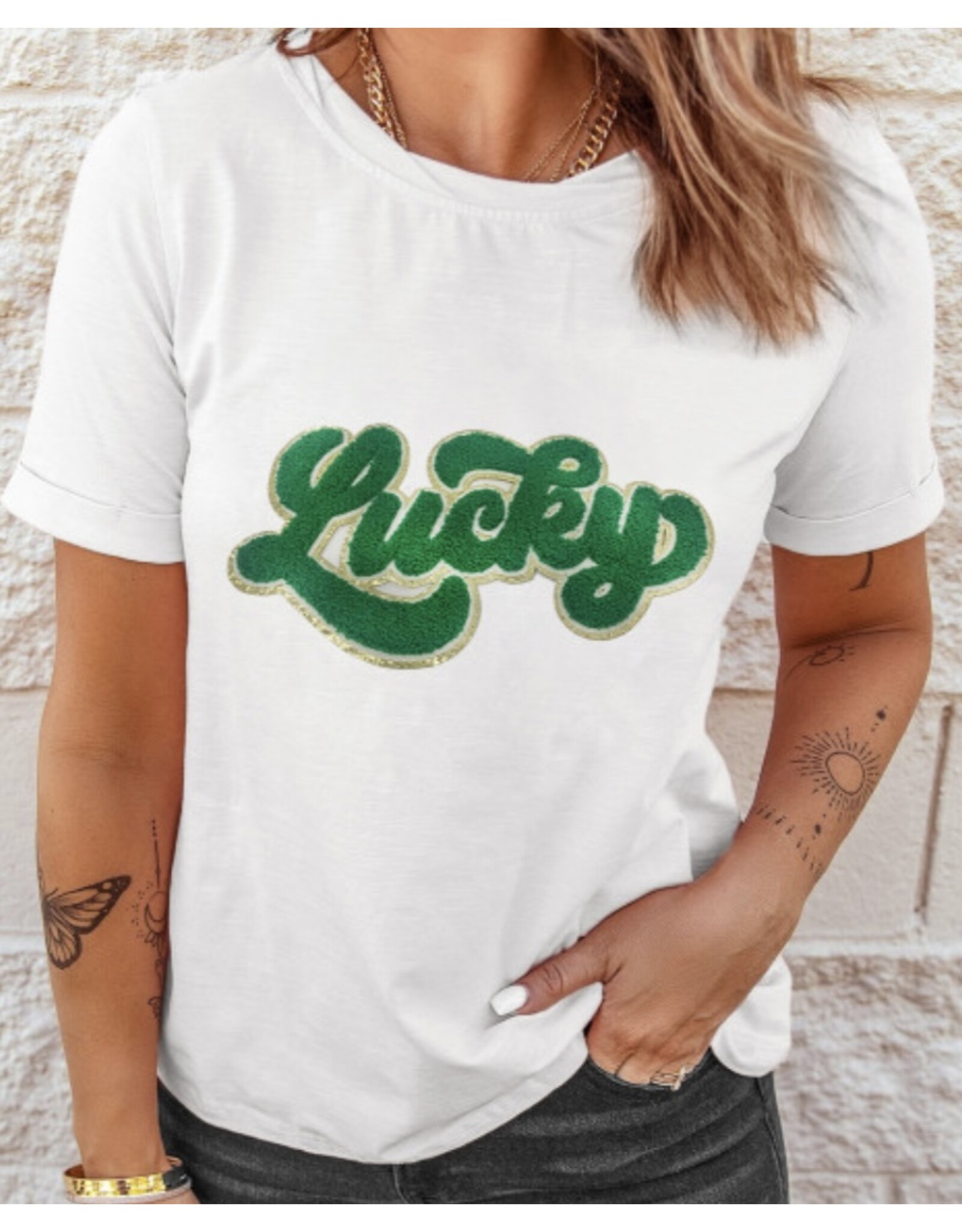 LATA Lucky Chenille Glitter Graphic T Shirt