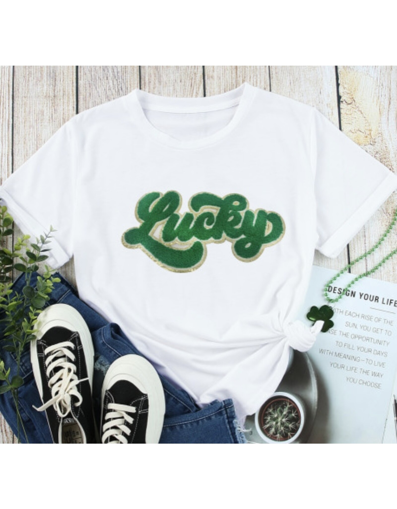 LATA Lucky Chenille Glitter Graphic T Shirt