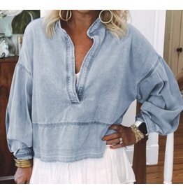 LATA Light Wash Raw Hem Denim Top