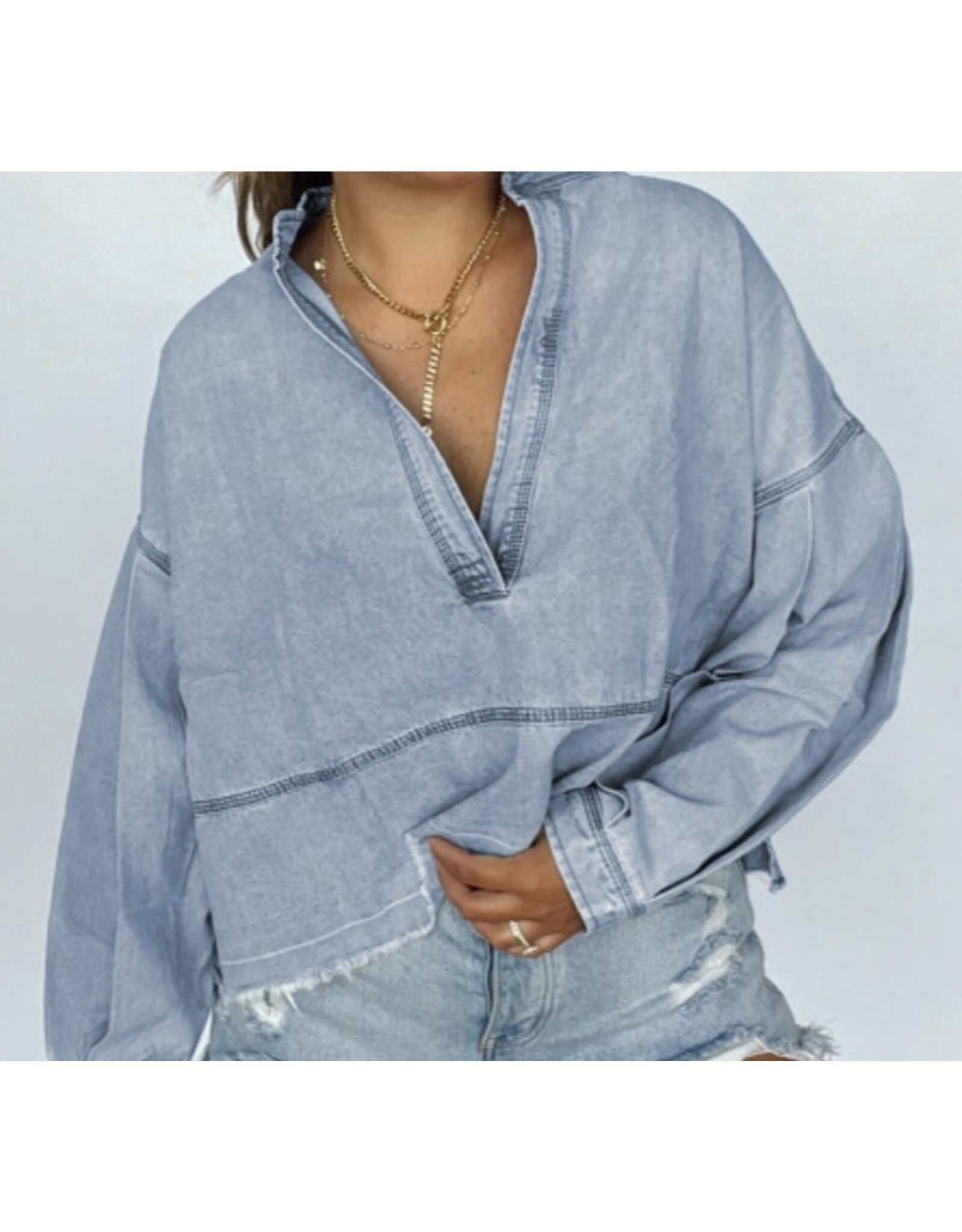 LATA Light Wash Raw Hem Denim Top