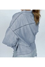 LATA Light Wash Raw Hem Denim Top
