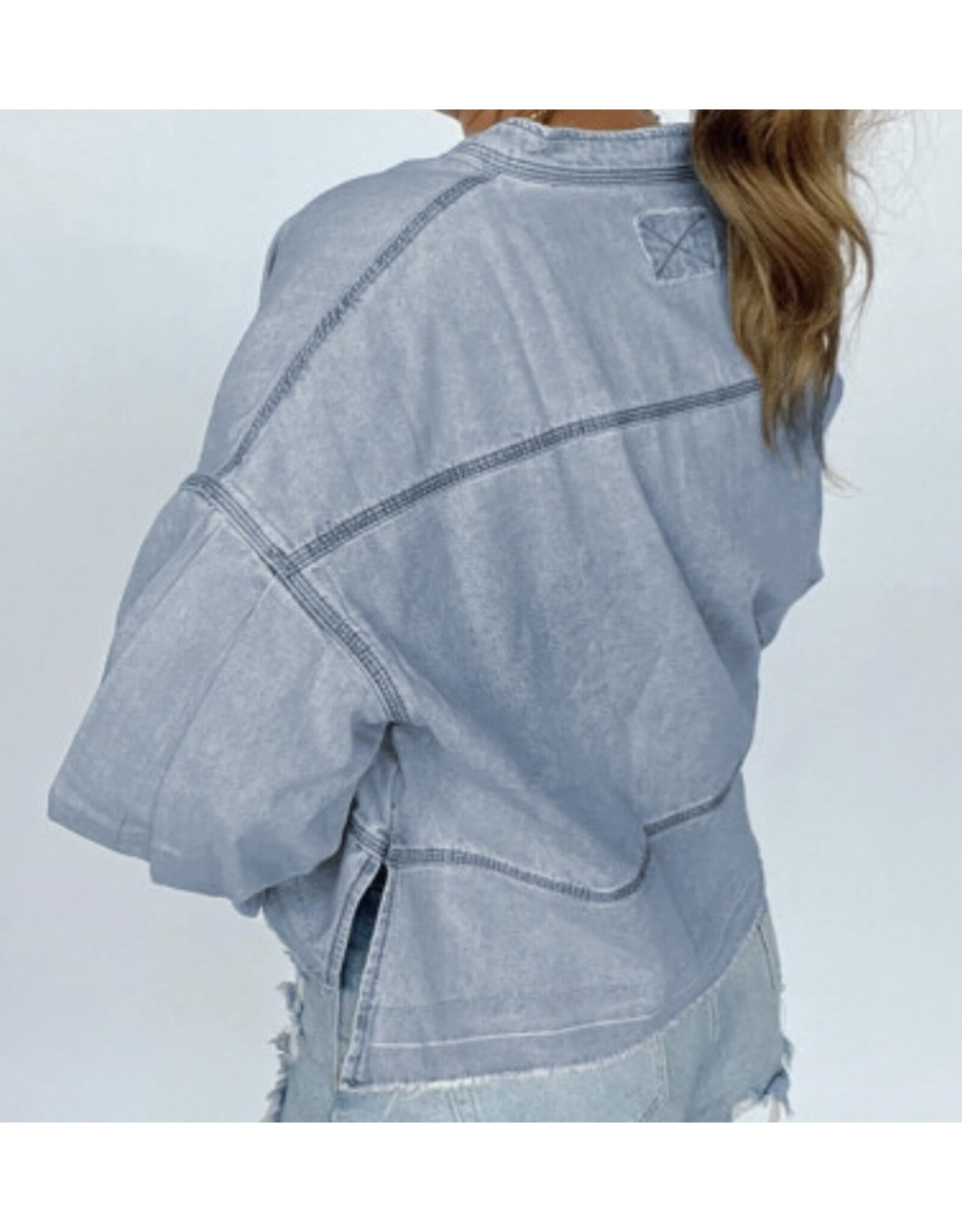 LATA Light Wash Raw Hem Denim Top