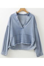 LATA Light Wash Raw Hem Denim Top