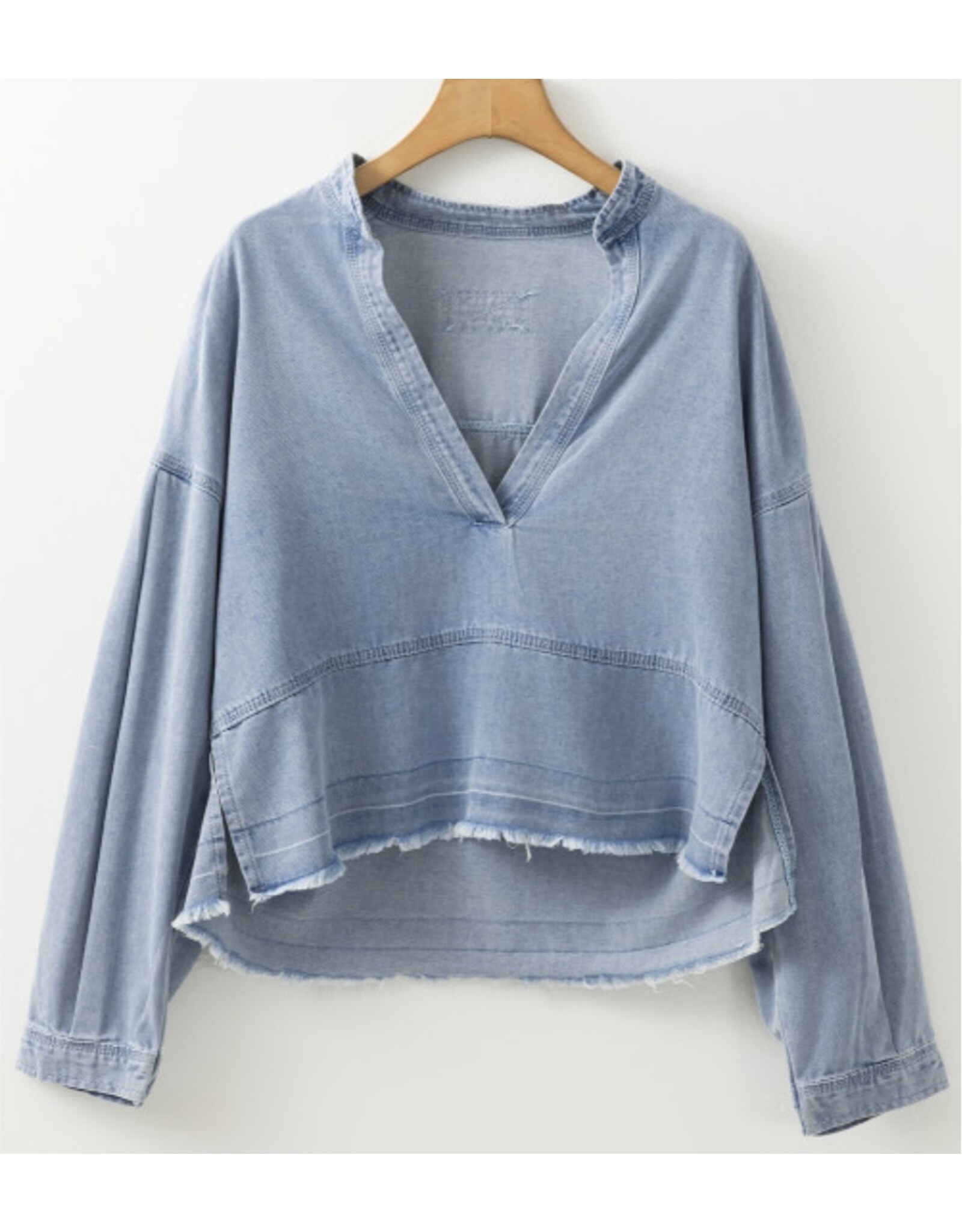 LATA Light Wash Raw Hem Denim Top