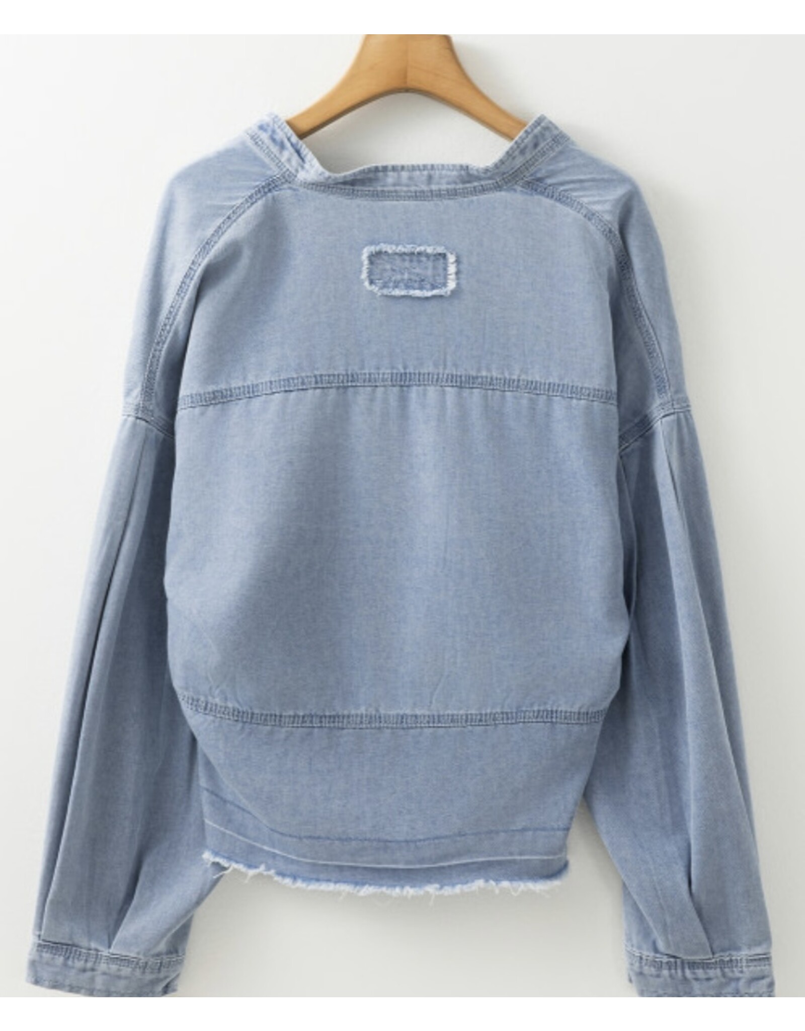 LATA Light Wash Raw Hem Denim Top