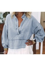 LATA Light Wash Raw Hem Denim Top