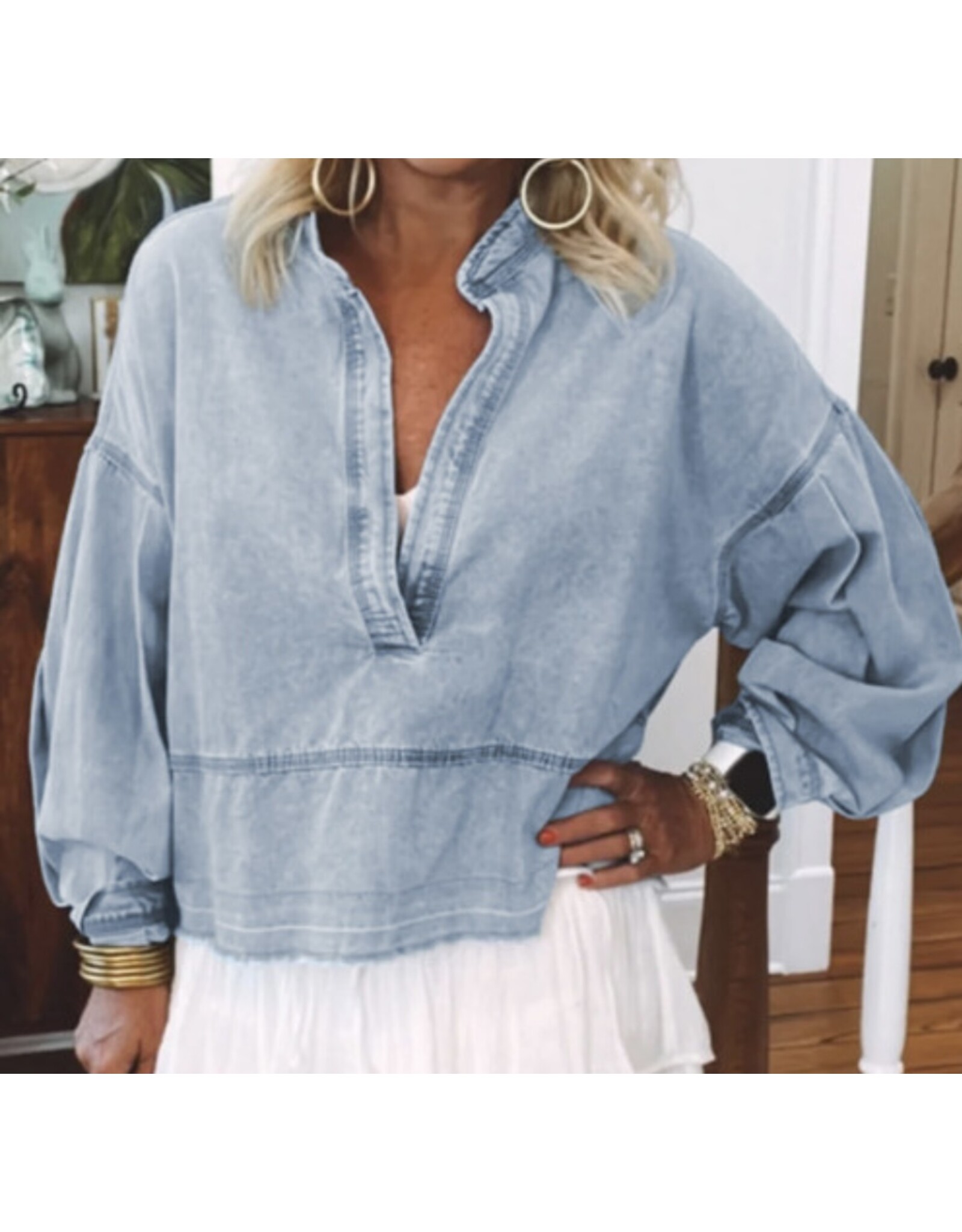 LATA Light Wash Raw Hem Denim Top