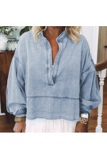 LATA Light Wash Raw Hem Denim Top