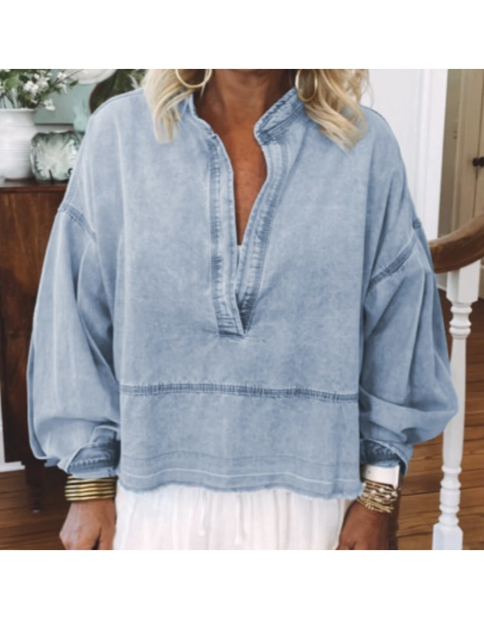 LATA Light Wash Raw Hem Denim Top