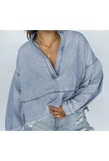 LATA Light Wash Raw Hem Denim Top