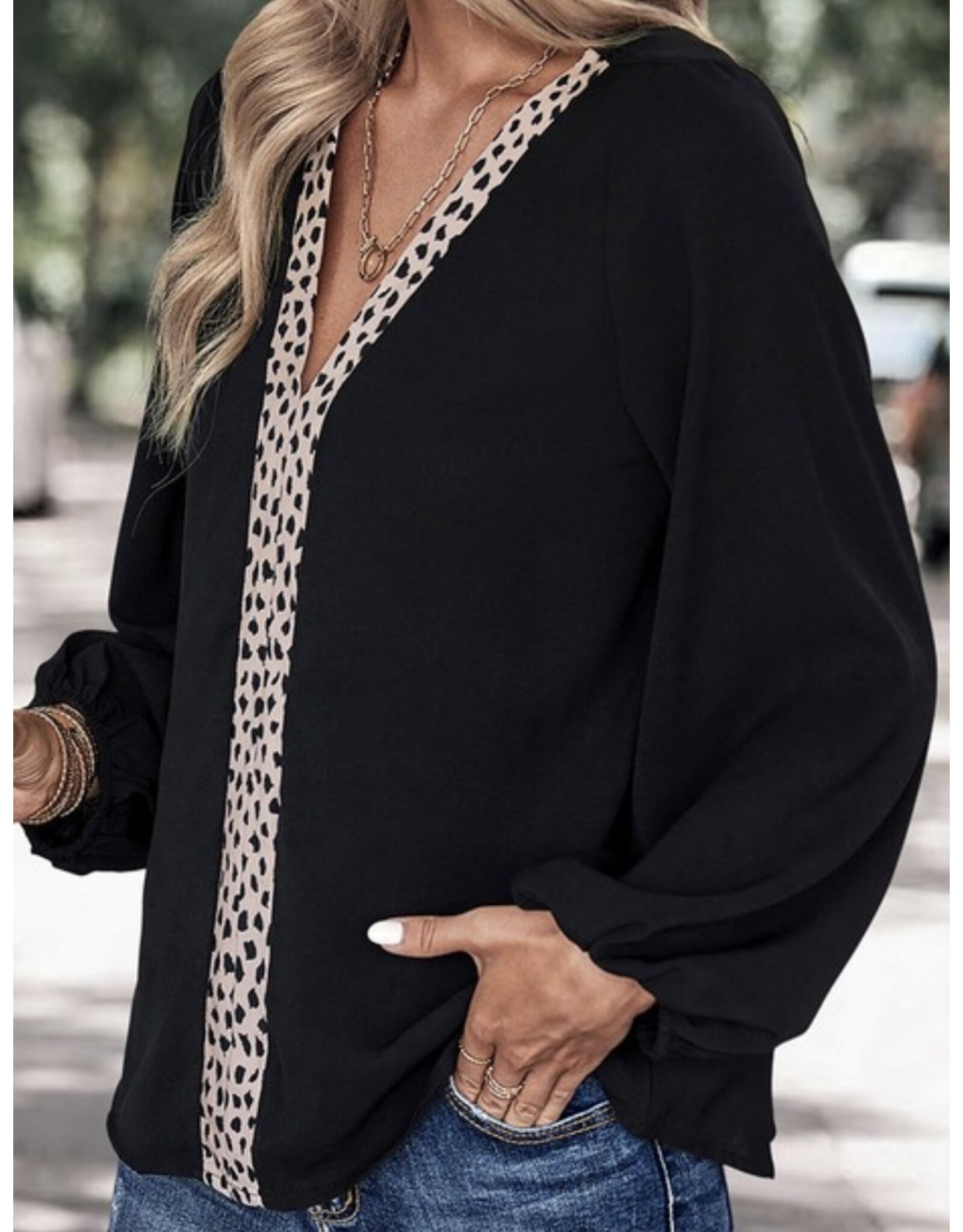 LATA Leopard patchwork v-neck blouse