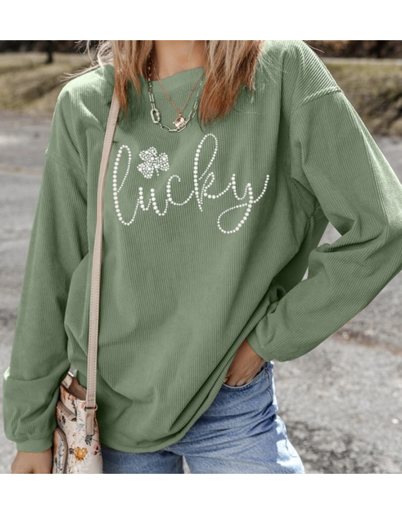 LATA Lucky rhinestone clover sweatshirt