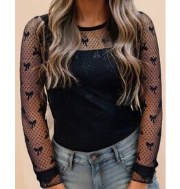 LATA Bow accent black mesh top