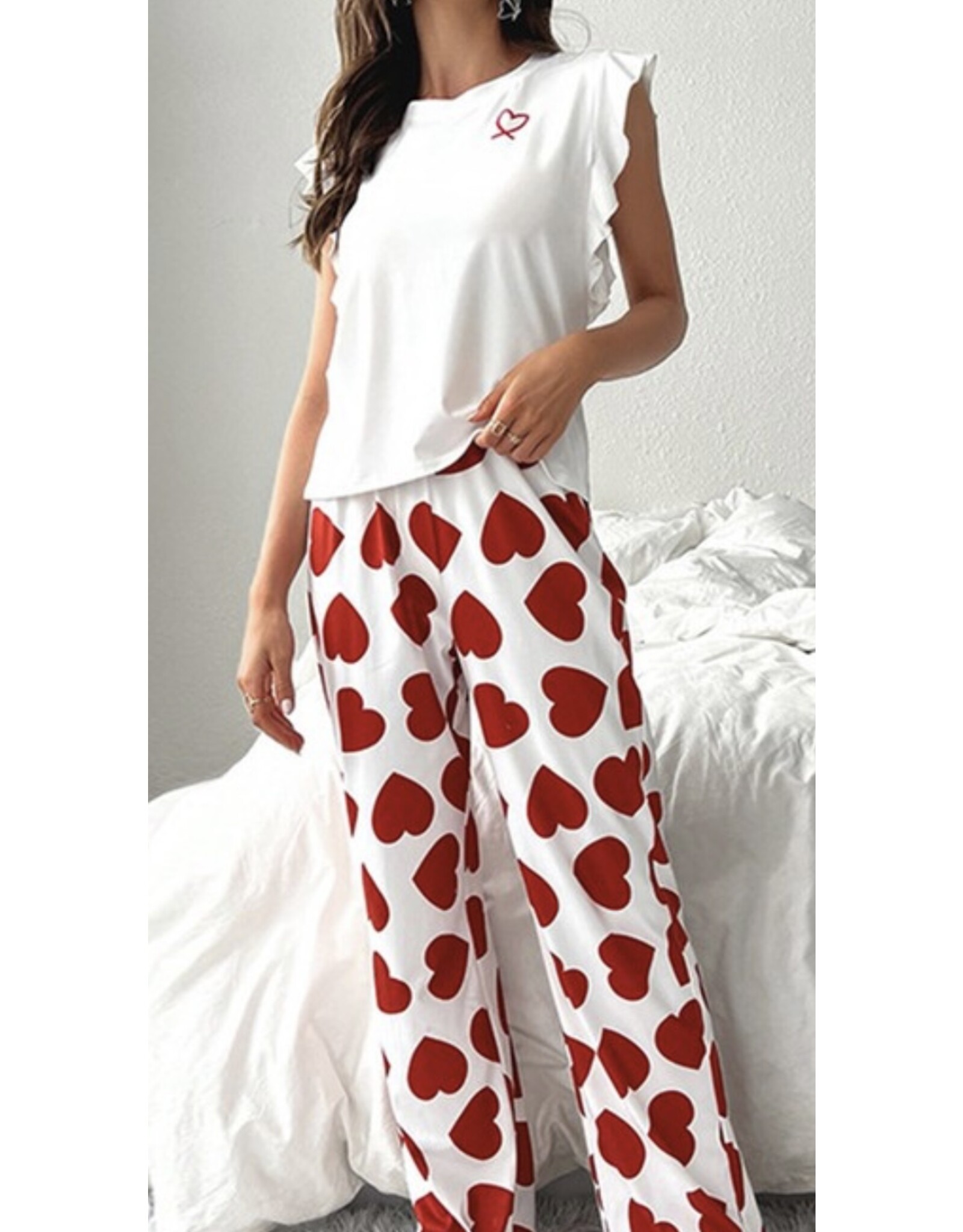 Heart print ruffle pj set