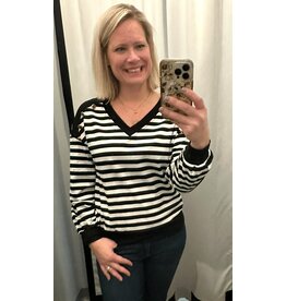 LATA Black Stripe Crochet V Neck Top