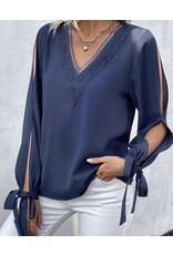 LATA Navy Lace Trim Side Slit Slv Blouse