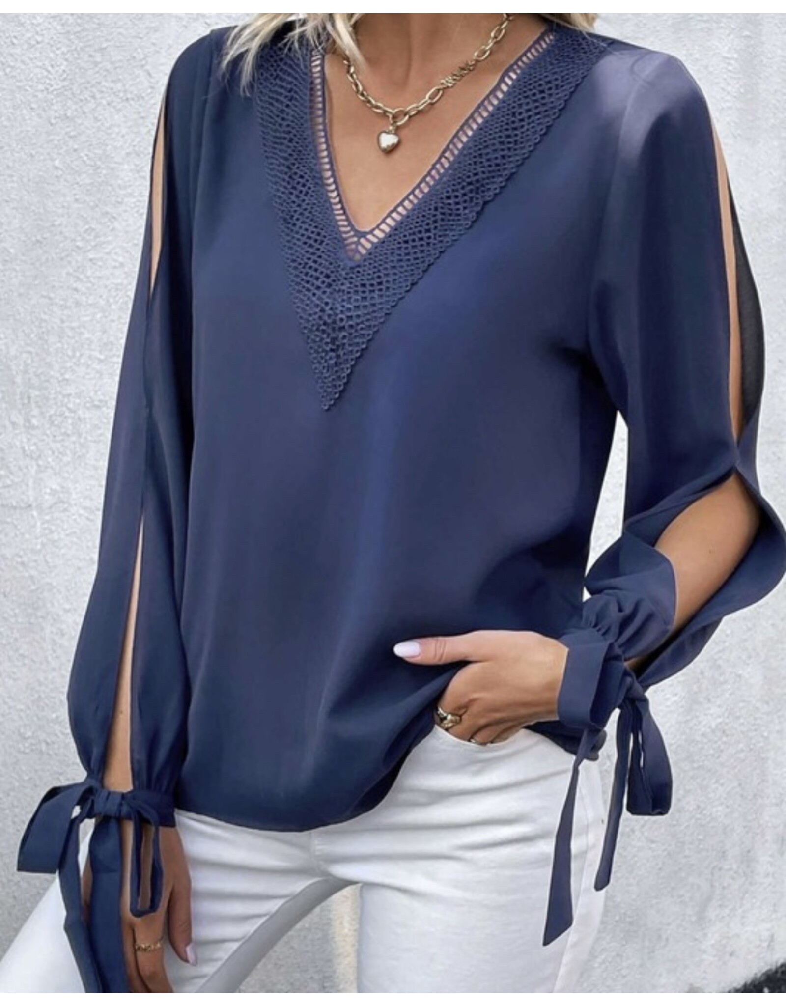 LATA Navy Lace Trim Side Slit Slv Blouse