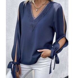 LATA Navy Lace Trim Side Slit Slv Blouse