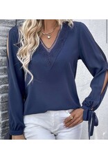 LATA Navy Lace Trim Side Slit Slv Blouse
